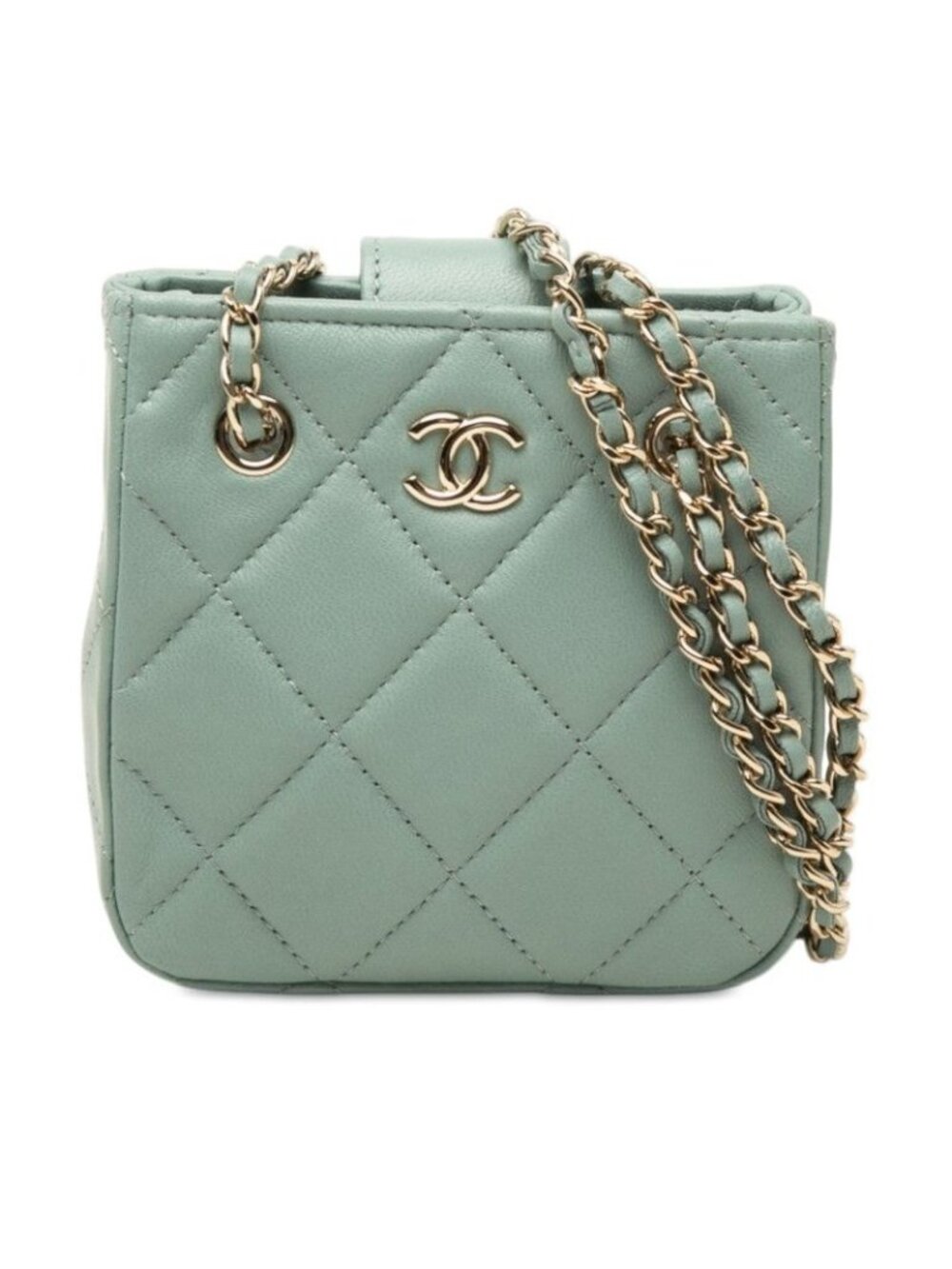 Chanel Quilted CC Logo Mini Chain Shoulder Bag Pochette Blue Green Lambskin